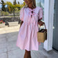 🌴Summer Specials🎀Women’s Trendy Solid Color Bow Tie Front Puff Sleeve Dress