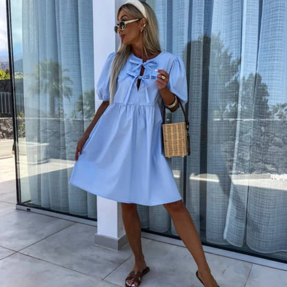🌴Summer Specials🎀Women’s Trendy Solid Color Bow Tie Front Puff Sleeve Dress