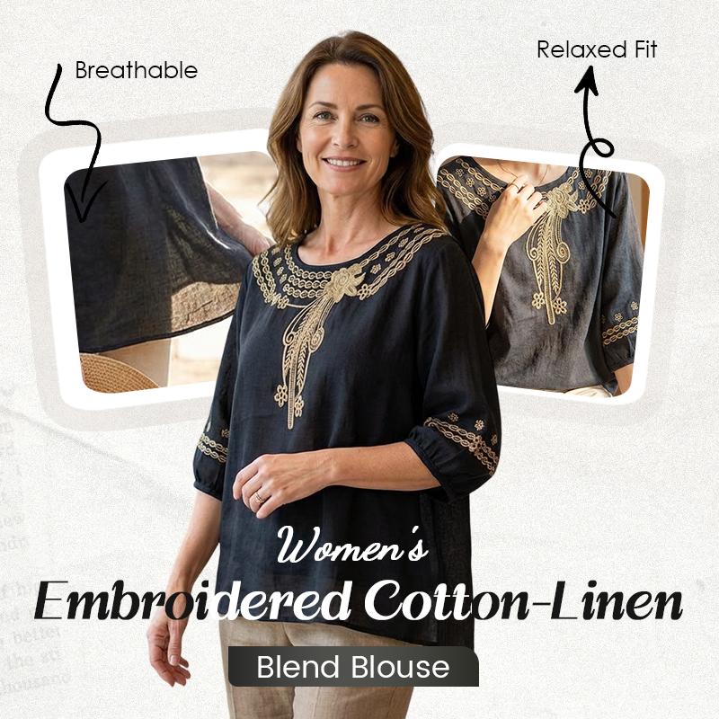 Women's Embroidered Cotton-Linen Blend Blouse