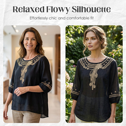 Women's Embroidered Cotton-Linen Blend Blouse