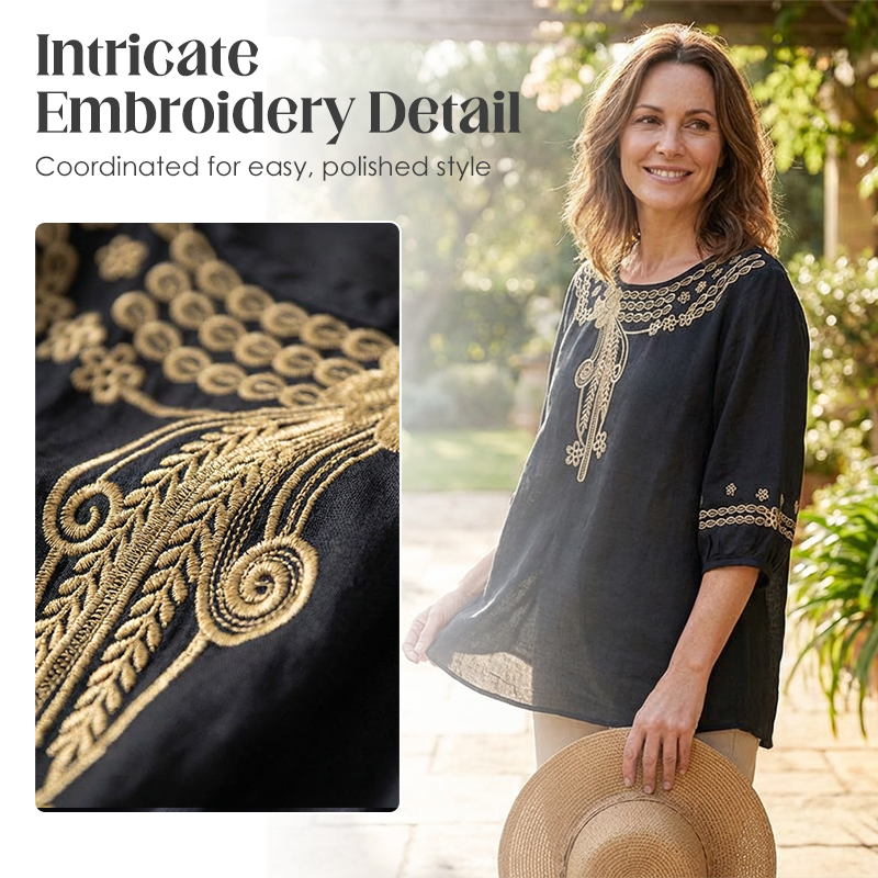 Women's Embroidered Cotton-Linen Blend Blouse