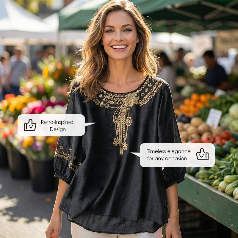 Women's Embroidered Cotton-Linen Blend Blouse