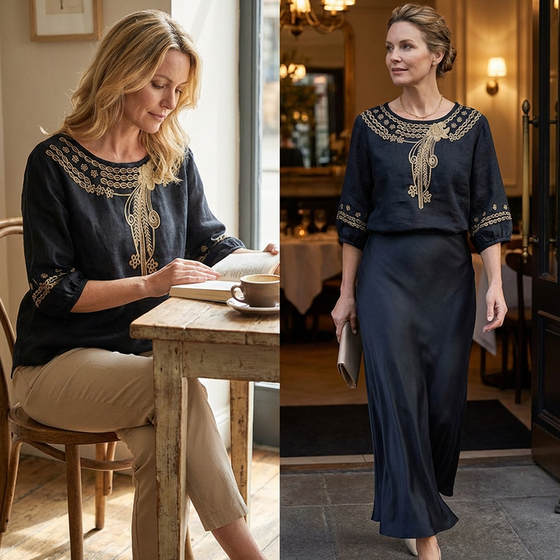 Women's Embroidered Cotton-Linen Blend Blouse