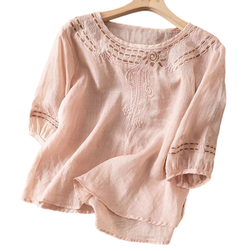 Women's Embroidered Cotton-Linen Blend Blouse
