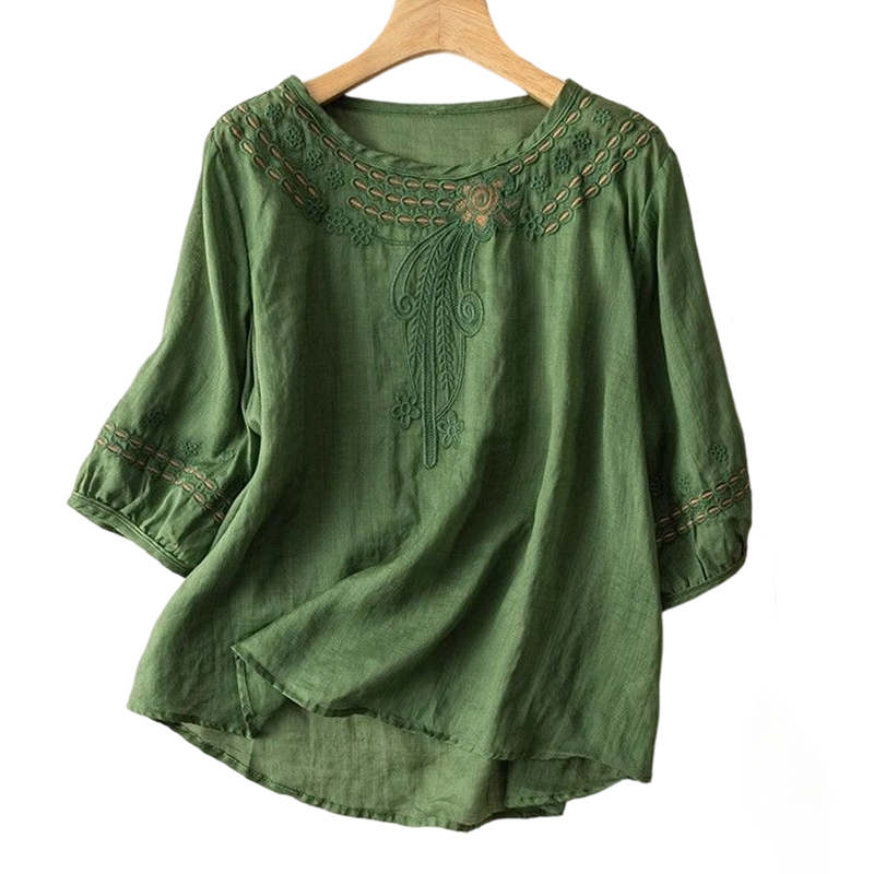 Women's Embroidered Cotton-Linen Blend Blouse