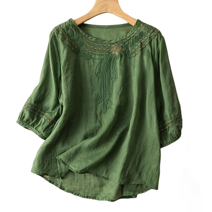 Women's Embroidered Cotton-Linen Blend Blouse