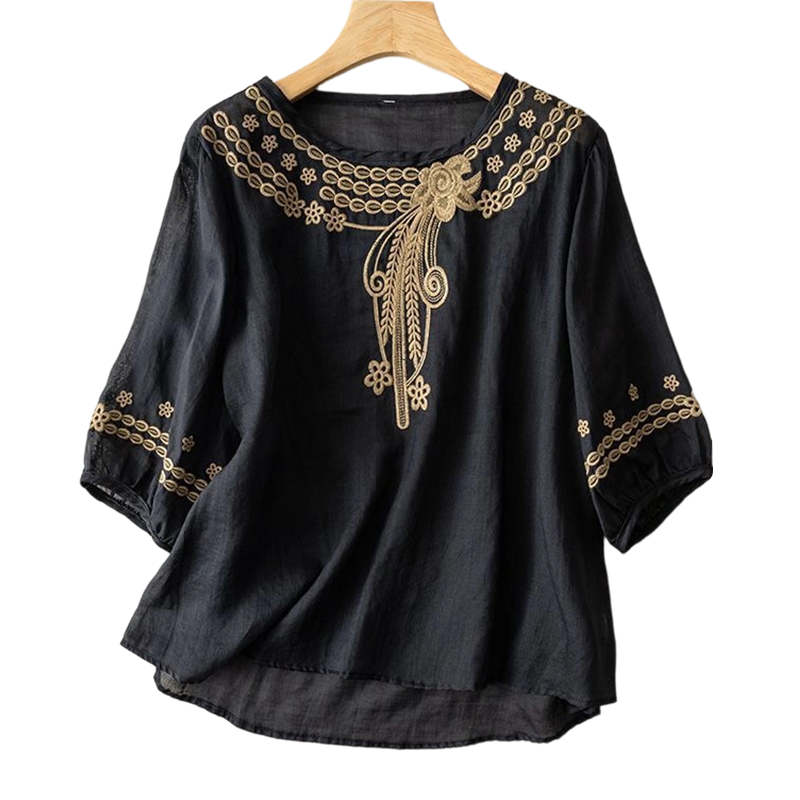 Women's Embroidered Cotton-Linen Blend Blouse