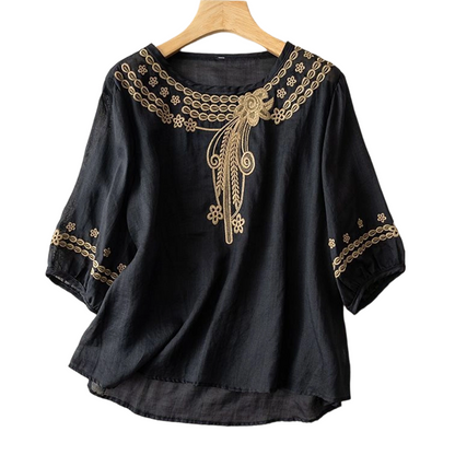 Women's Embroidered Cotton-Linen Blend Blouse