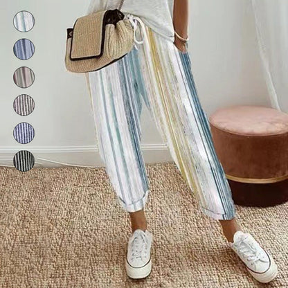 👖 LIMITED-TIME 50% OFF! 💥 Striped Linen Cotton Trousers for Women – Elastic Waist, Wide Leg, Breathable ✨
