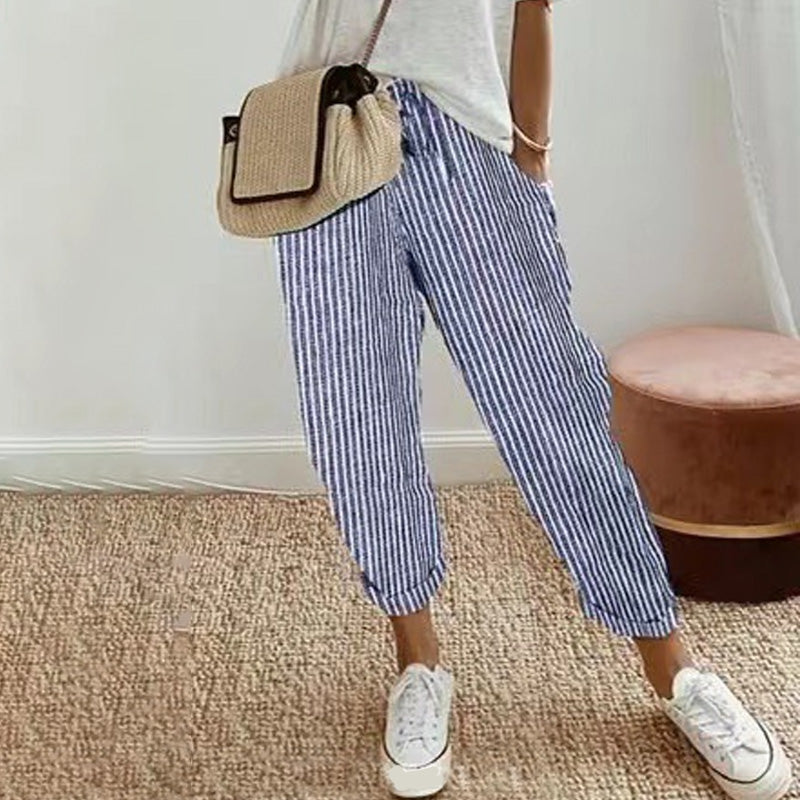 👖 LIMITED-TIME 50% OFF! 💥 Striped Linen Cotton Trousers for Women – Elastic Waist, Wide Leg, Breathable ✨