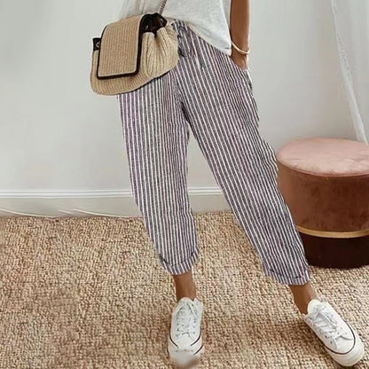 👖 LIMITED-TIME 50% OFF! 💥 Striped Linen Cotton Trousers for Women – Elastic Waist, Wide Leg, Breathable ✨
