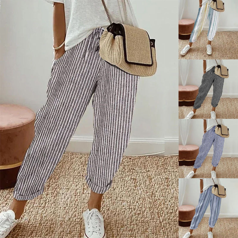 👖 LIMITED-TIME 50% OFF! 💥 Striped Linen Cotton Trousers for Women – Elastic Waist, Wide Leg, Breathable ✨