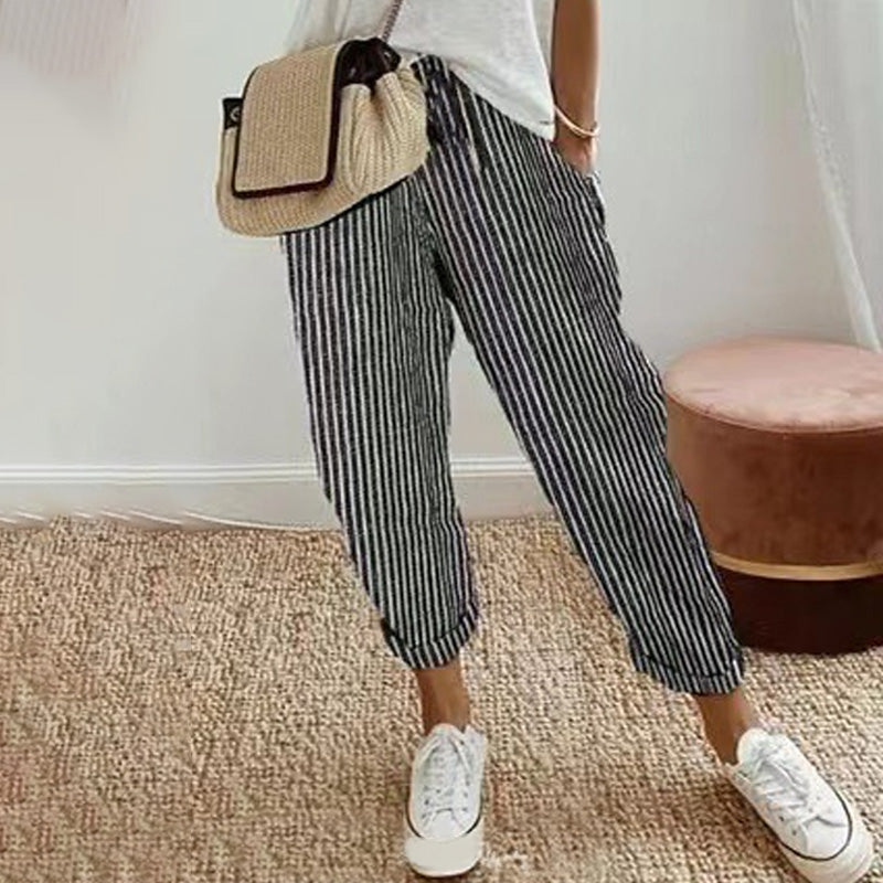 👖 LIMITED-TIME 50% OFF! 💥 Striped Linen Cotton Trousers for Women – Elastic Waist, Wide Leg, Breathable ✨