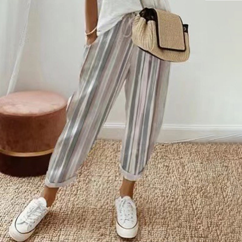👖 LIMITED-TIME 50% OFF! 💥 Striped Linen Cotton Trousers for Women – Elastic Waist, Wide Leg, Breathable ✨
