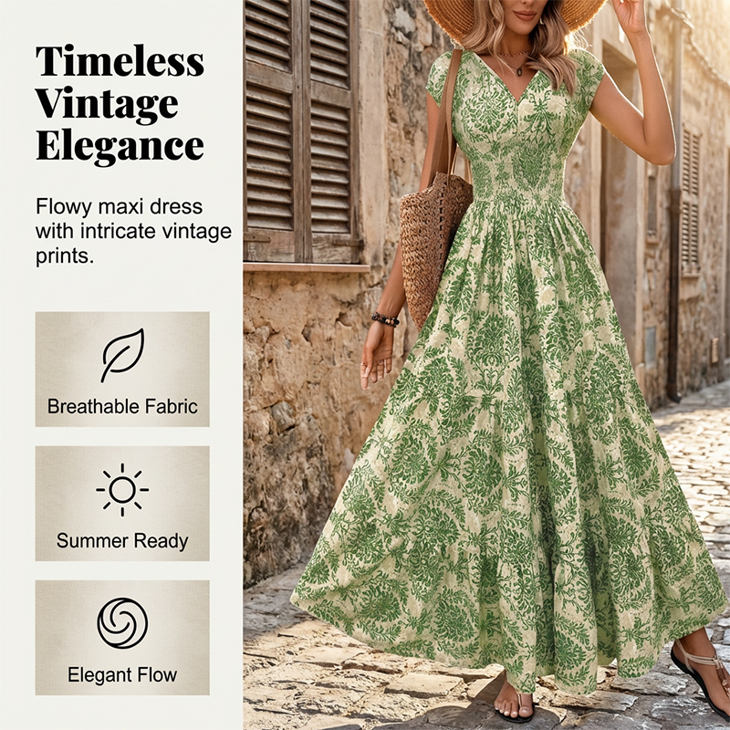 👗 50% OFF NOW! 🌸 Women's V-Neck Floral Print Smocked Maxi Dress – Smocked Waist, Breathable & Versatile Length ✨