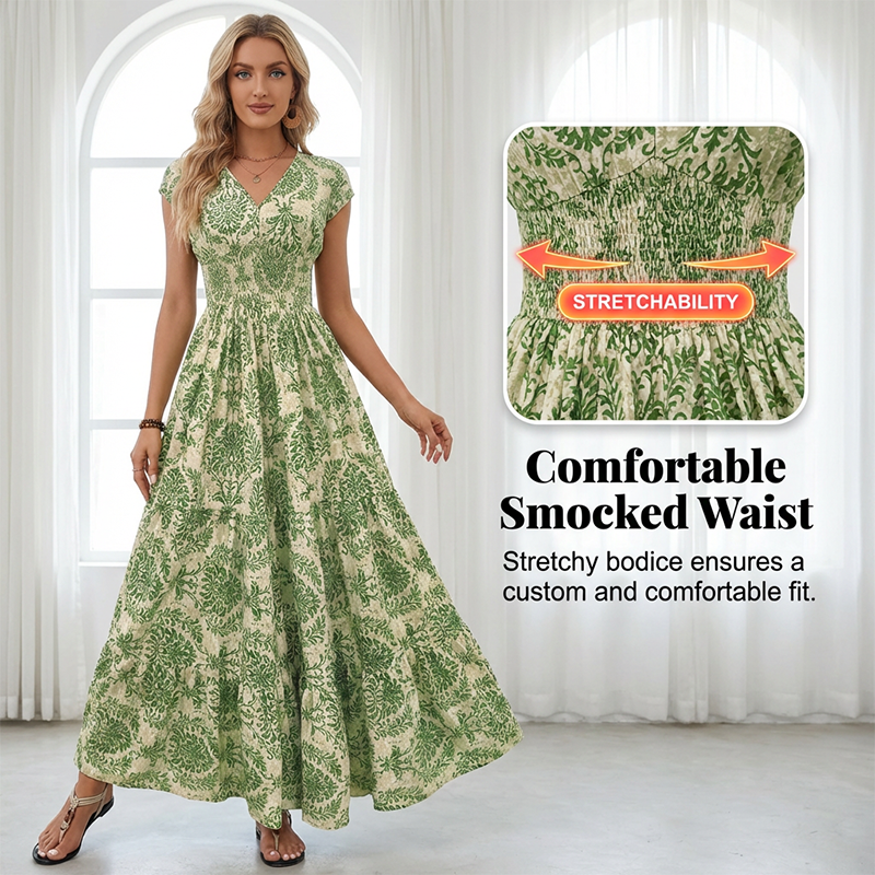 👗 50% OFF NOW! 🌸 Women's V-Neck Floral Print Smocked Maxi Dress – Smocked Waist, Breathable & Versatile Length ✨