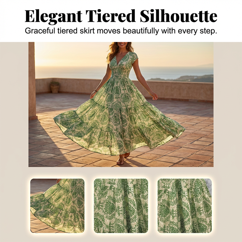 👗 50% OFF NOW! 🌸 Women's V-Neck Floral Print Smocked Maxi Dress – Smocked Waist, Breathable & Versatile Length ✨