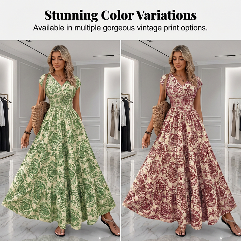 👗 50% OFF NOW! 🌸 Women's V-Neck Floral Print Smocked Maxi Dress – Smocked Waist, Breathable & Versatile Length ✨