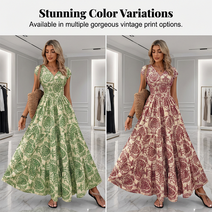 👗 50% OFF NOW! 🌸 Women's V-Neck Floral Print Smocked Maxi Dress – Smocked Waist, Breathable & Versatile Length ✨