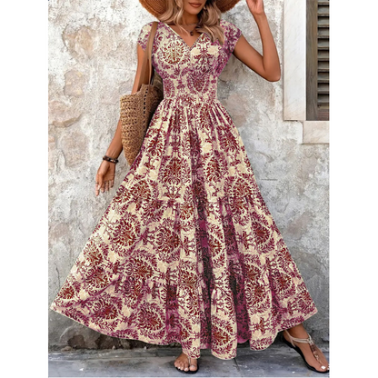 👗 50% OFF NOW! 🌸 Women's V-Neck Floral Print Smocked Maxi Dress – Smocked Waist, Breathable & Versatile Length ✨