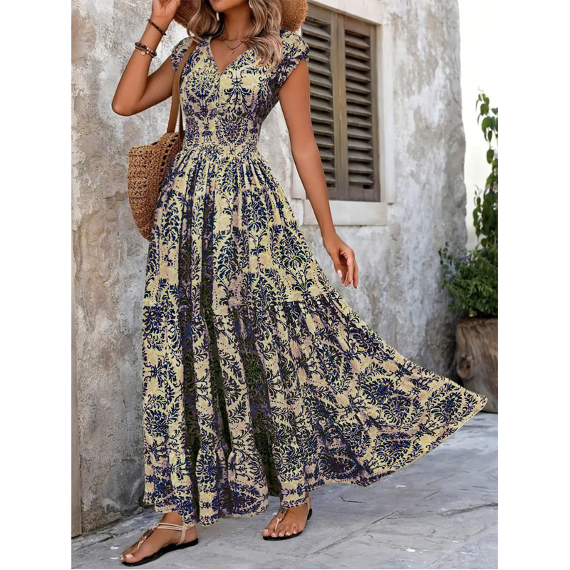 👗 50% OFF NOW! 🌸 Women's V-Neck Floral Print Smocked Maxi Dress – Smocked Waist, Breathable & Versatile Length ✨