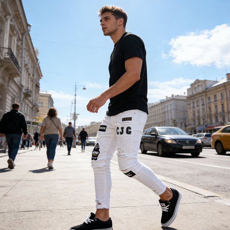 🔥 50% OFF NOW! 👖 Men's Ripped Skinny Jeans – Edgy Patchwork & Durable Denim 🎨👟