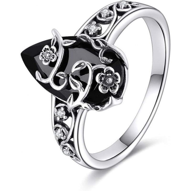 💍60% OFF NOW! 🌿 Vintage Floral Vine Ring – Black Teardrop Gem, Sparkling Accents & Openwork Band ✨