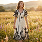 Elegant V-Neck Botanical Print Midi Dress