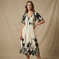 Elegant V-Neck Botanical Print Midi Dress