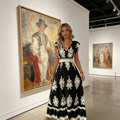 【Exceptional Price】💐50% OFF ! 💥Women's V-Neck Baroque Print Flowy Maxi Dress