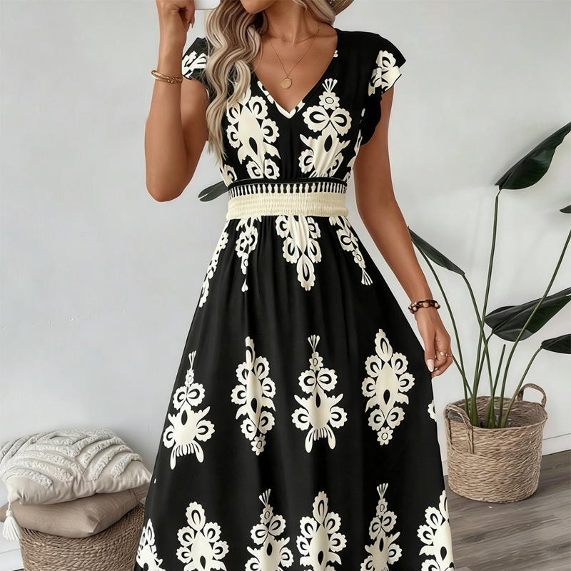 【Exceptional Price】💐50% OFF ! 💥Women's V-Neck Baroque Print Flowy Maxi Dress