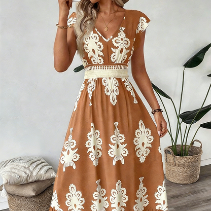 【Exceptional Price】💐50% OFF ! 💥Women's V-Neck Baroque Print Flowy Maxi Dress
