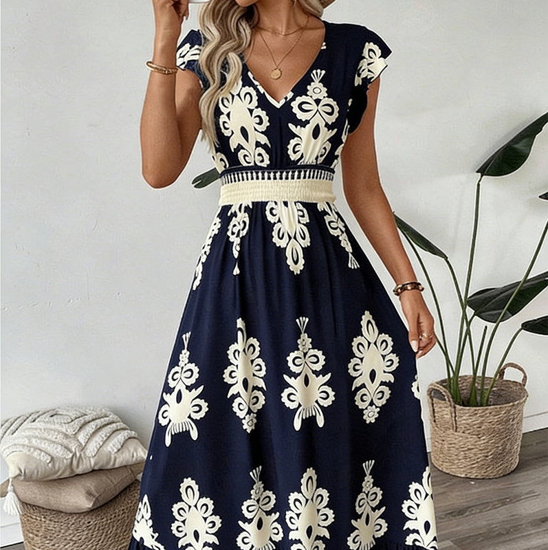 【Exceptional Price】💐50% OFF ! 💥Women's V-Neck Baroque Print Flowy Maxi Dress