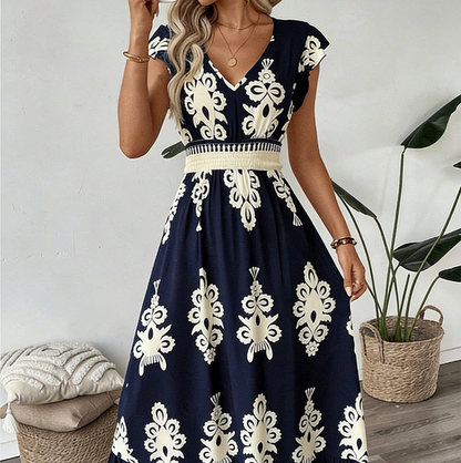 【Exceptional Price】💐50% OFF ! 💥Women's V-Neck Baroque Print Flowy Maxi Dress