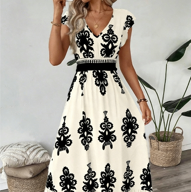 【Exceptional Price】💐50% OFF ! 💥Women's V-Neck Baroque Print Flowy Maxi Dress