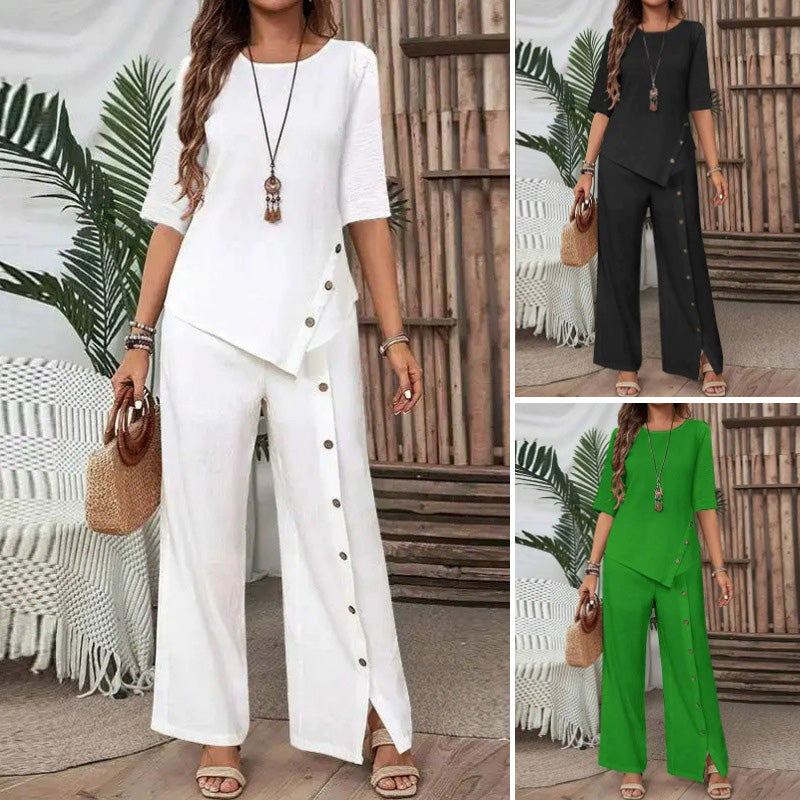 🥰Women's Irregular Hem Top & Wide Leg Pants Two-Piece Set