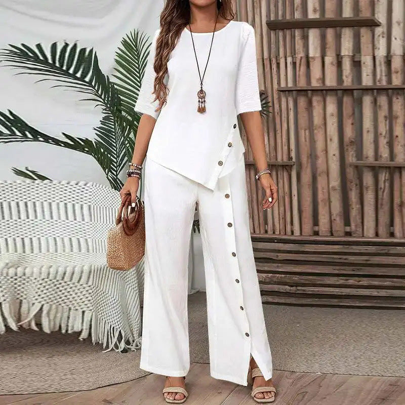🥰Women's Irregular Hem Top & Wide Leg Pants Two-Piece Set