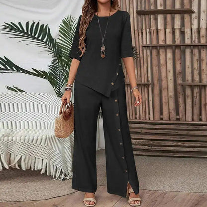 🥰Women's Irregular Hem Top & Wide Leg Pants Two-Piece Set