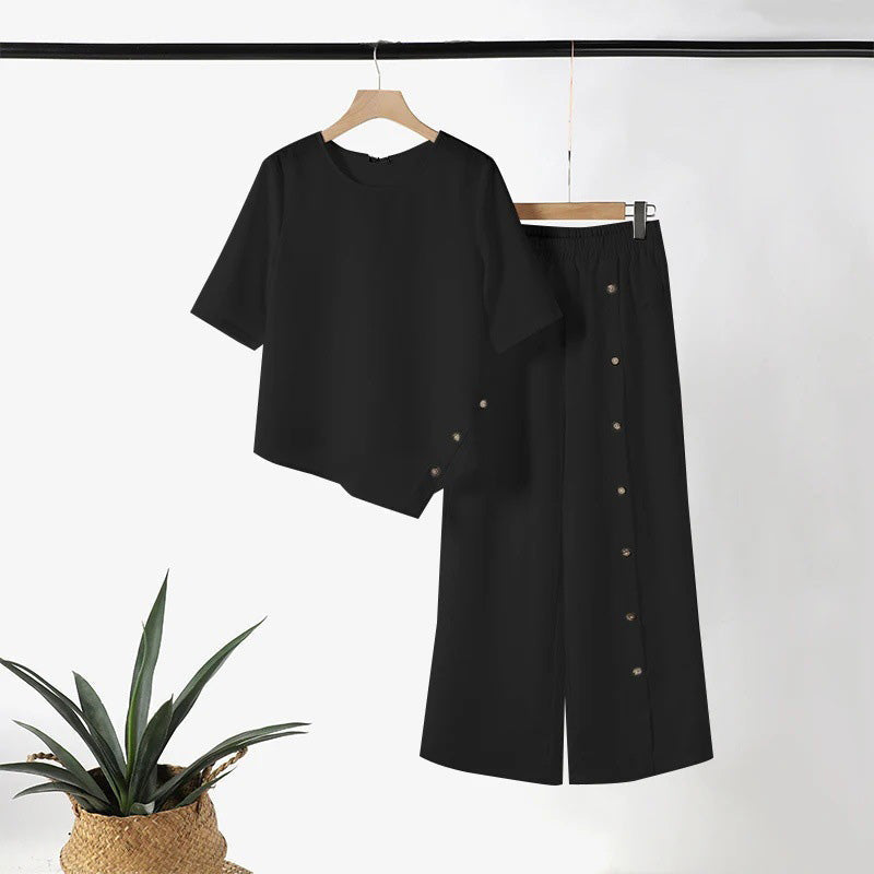 🥰Women's Irregular Hem Top & Wide Leg Pants Two-Piece Set