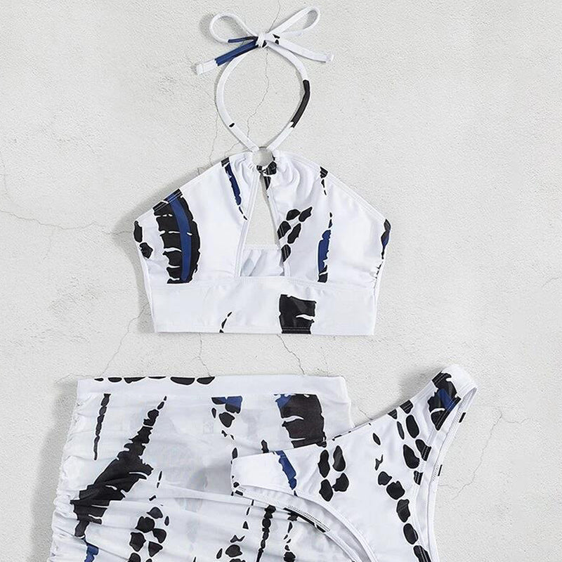 🏖️ 50% OFF NOW! 👙 Women's Ruched 3-Piece Bikini Set – Tie-Dye Print, Halter Top & Adjustable Skirt 🌊