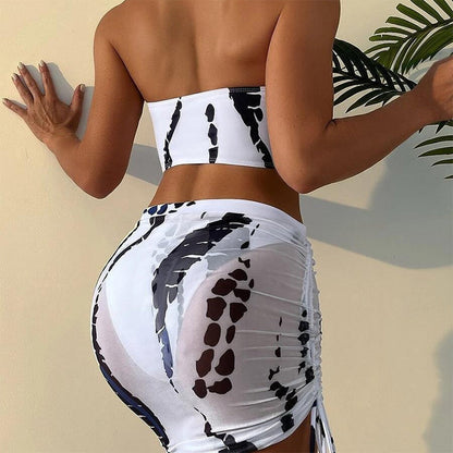 🏖️ 50% OFF NOW! 👙 Women's Ruched 3-Piece Bikini Set – Tie-Dye Print, Halter Top & Adjustable Skirt 🌊