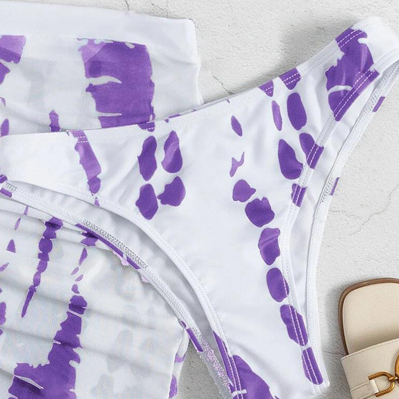 🏖️ 50% OFF NOW! 👙 Women's Ruched 3-Piece Bikini Set – Tie-Dye Print, Halter Top & Adjustable Skirt 🌊