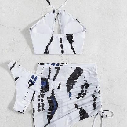 🏖️ 50% OFF NOW! 👙 Women's Ruched 3-Piece Bikini Set – Tie-Dye Print, Halter Top & Adjustable Skirt 🌊