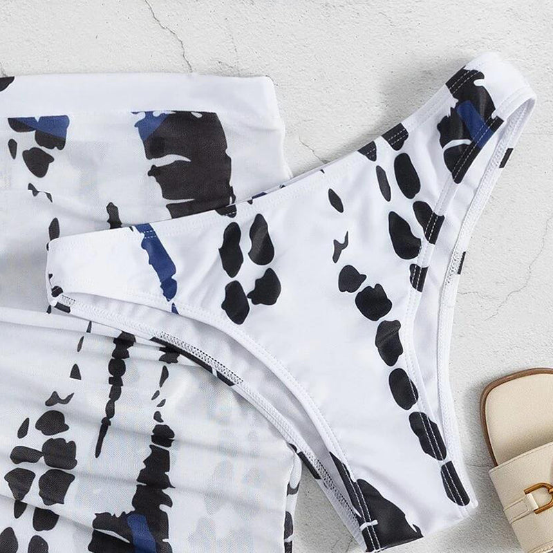 🏖️ 50% OFF NOW! 👙 Women's Ruched 3-Piece Bikini Set – Tie-Dye Print, Halter Top & Adjustable Skirt 🌊