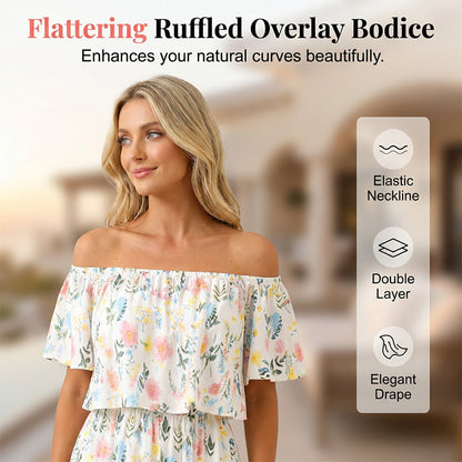 👗 50% OFF NOW! 🌸 Printed Off-Shoulder Short Sleeve Maxi Dress – Floral Print, Ruffled Bodice & Hidden Pockets ✨