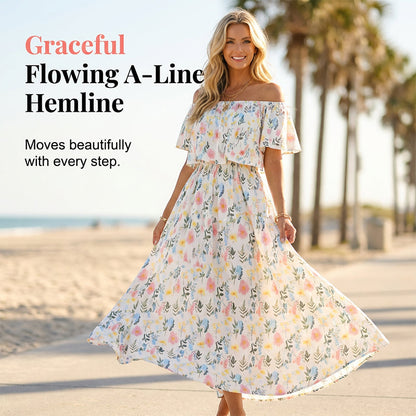 👗 50% OFF NOW! 🌸 Printed Off-Shoulder Short Sleeve Maxi Dress – Floral Print, Ruffled Bodice & Hidden Pockets ✨