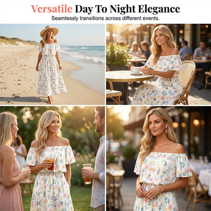👗 50% OFF NOW! 🌸 Printed Off-Shoulder Short Sleeve Maxi Dress – Floral Print, Ruffled Bodice & Hidden Pockets ✨