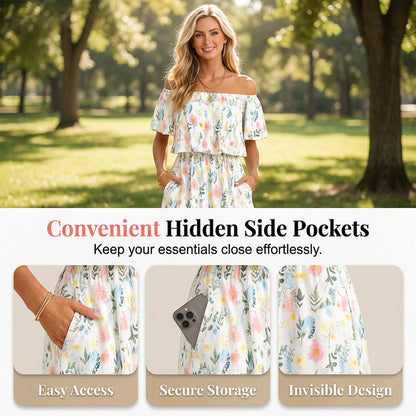 👗 50% OFF NOW! 🌸 Printed Off-Shoulder Short Sleeve Maxi Dress – Floral Print, Ruffled Bodice & Hidden Pockets ✨