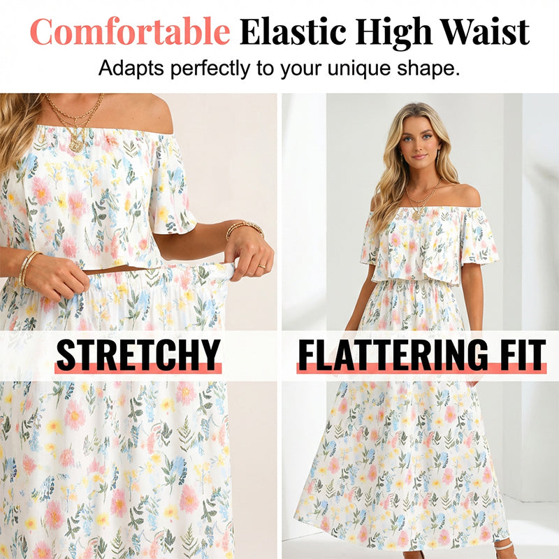 👗 50% OFF NOW! 🌸 Printed Off-Shoulder Short Sleeve Maxi Dress – Floral Print, Ruffled Bodice & Hidden Pockets ✨