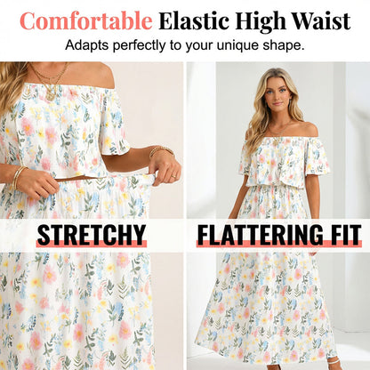 👗 50% OFF NOW! 🌸 Printed Off-Shoulder Short Sleeve Maxi Dress – Floral Print, Ruffled Bodice & Hidden Pockets ✨